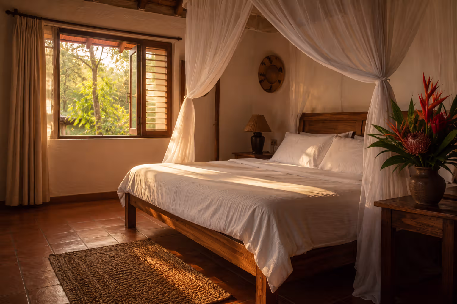 Comfortable cottage bedroom with mosquito net and morning light on terracotta floor