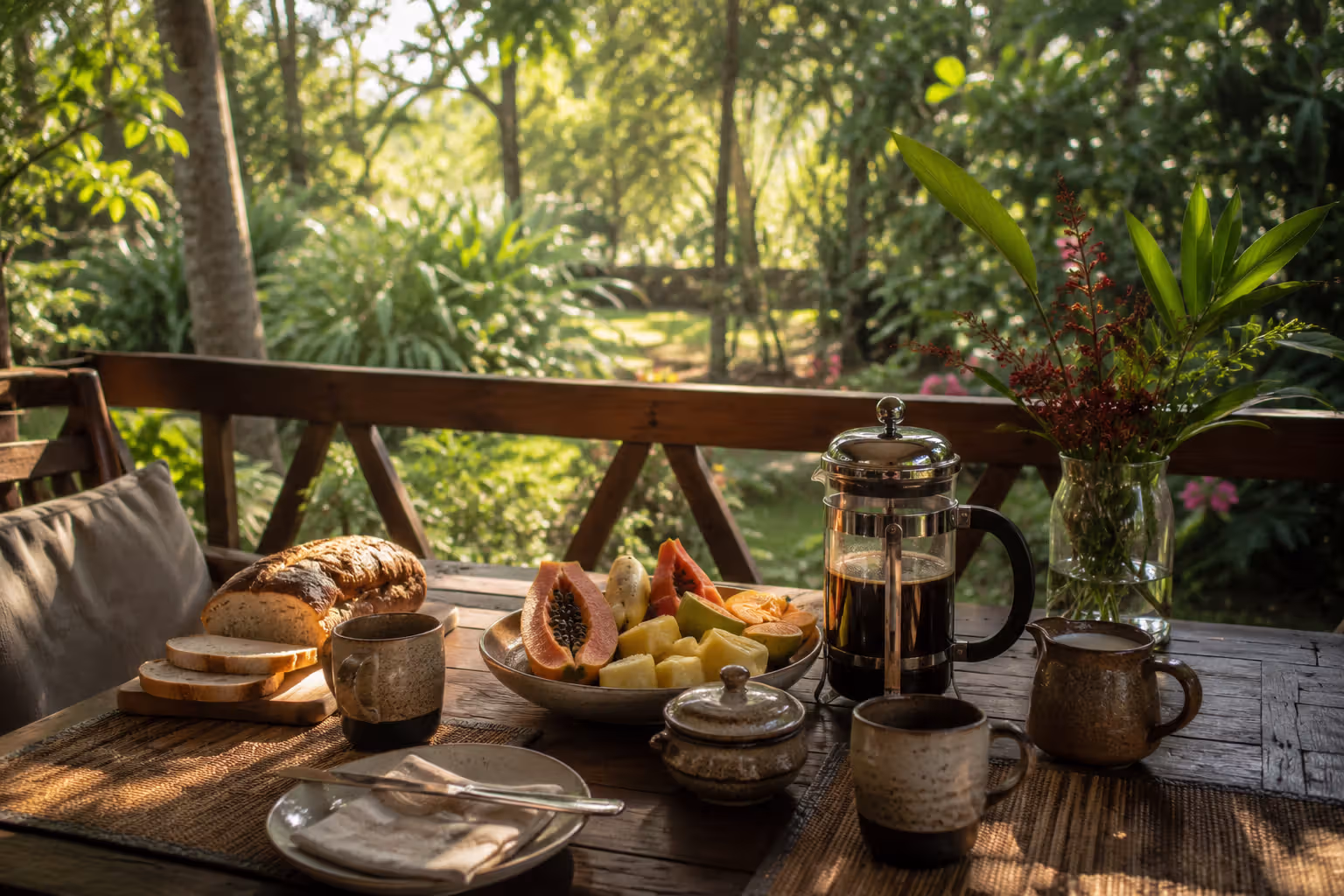 Tropical breakfast laid on a wooden veranda table with garden view, Kisumu, Kenya