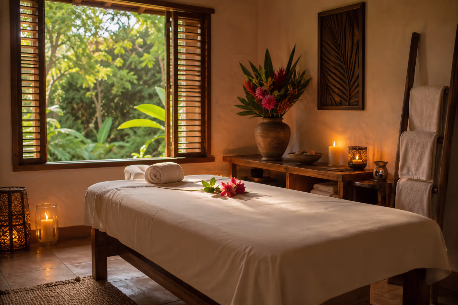 Serene spa treatment room with candlelight and tropical flowers, Kisumu retreat
