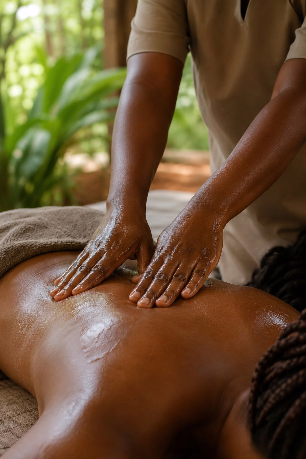Spa therapist hands applying warm oil massage to a client's back in an outdoor treatment area in Kenya