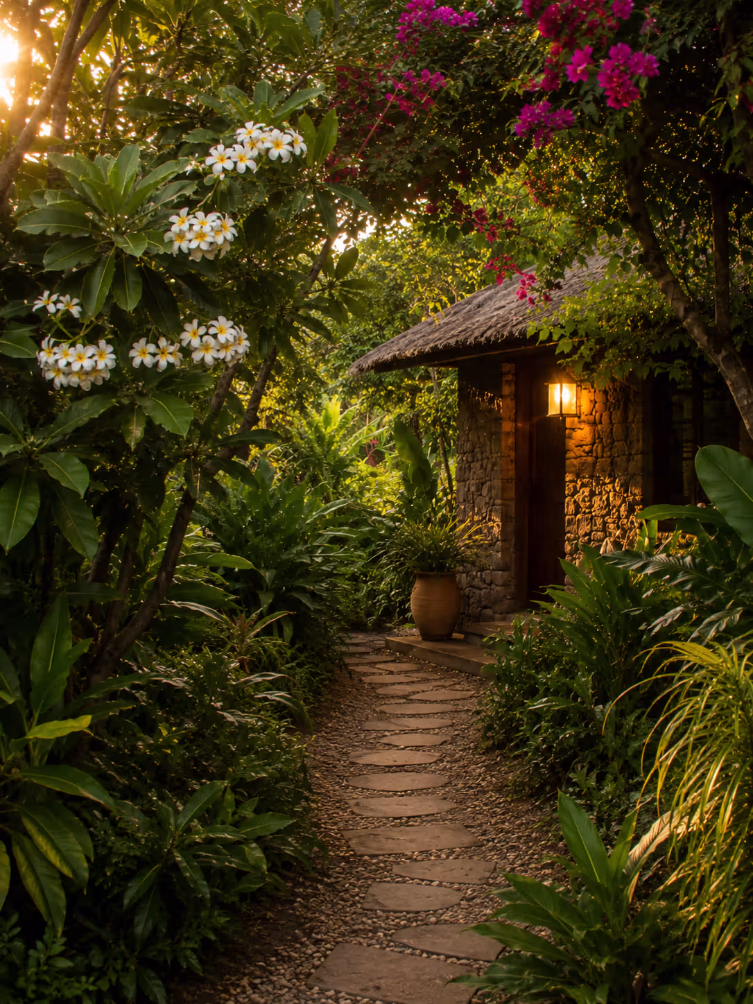 Tropical garden path with frangipani and bougainvillea leading to a stone cottage at dusk