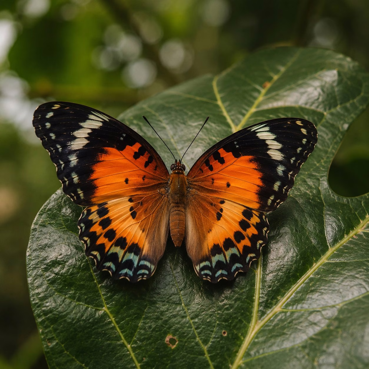 Vivid orange and black butterfly resting open-winged on a glossy fig leaf, Kakamega Forest