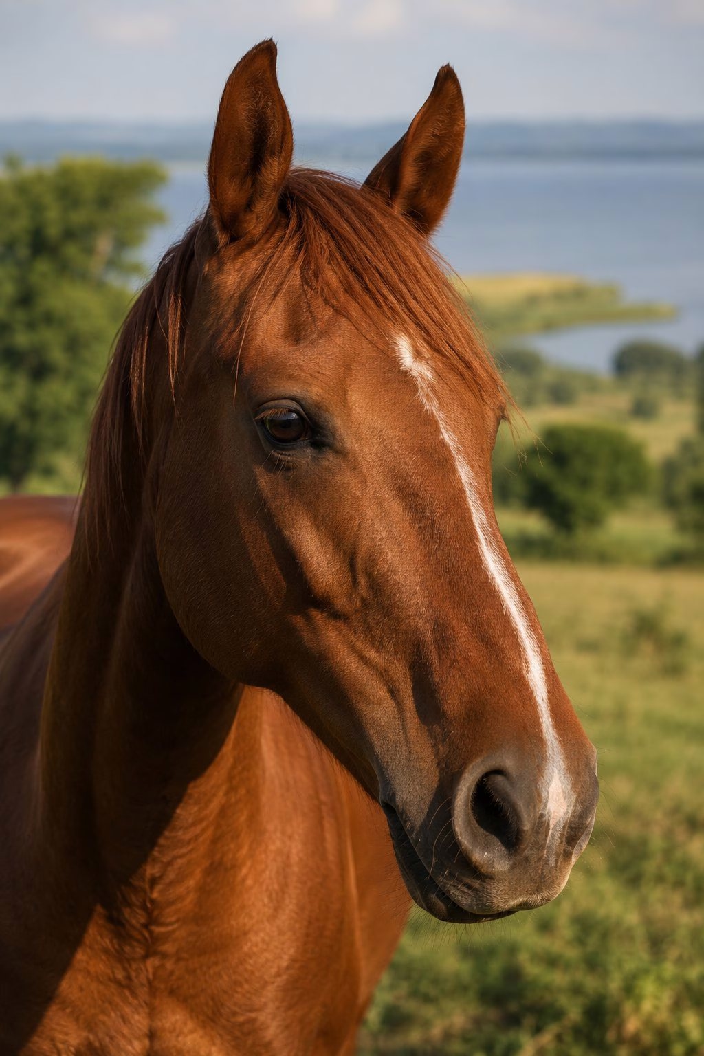 Close portrait of a chestnut horse with the Kisumu countryside and lake in the background