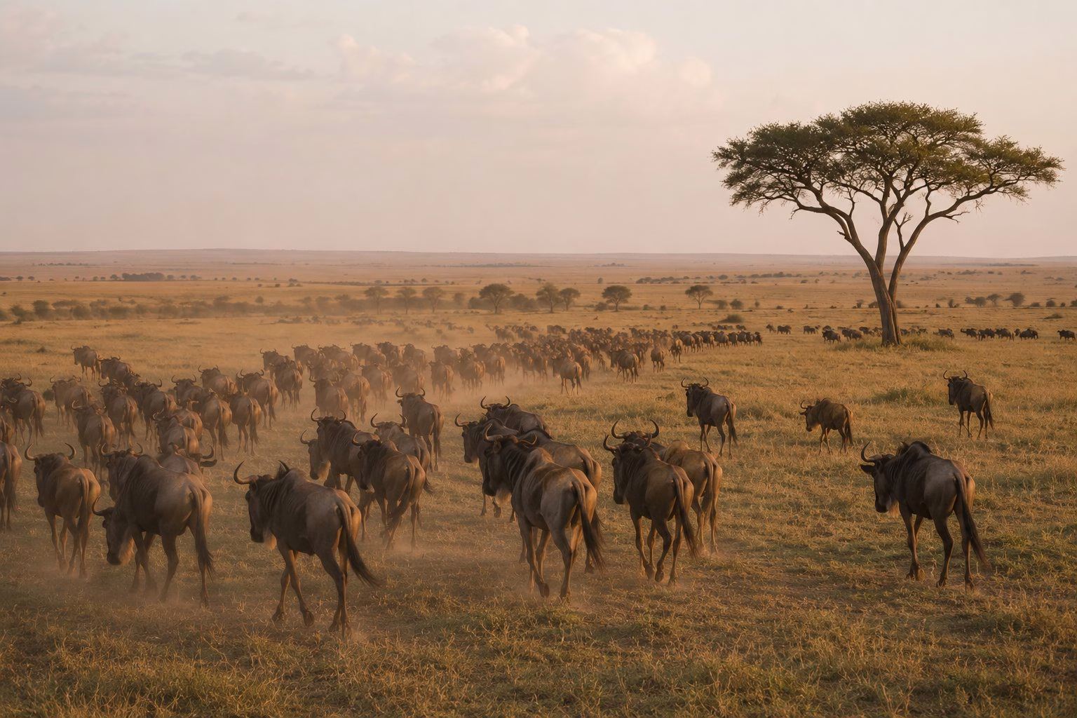 Large herd of wildebeest moving across the western Masai Mara plains at golden hour
