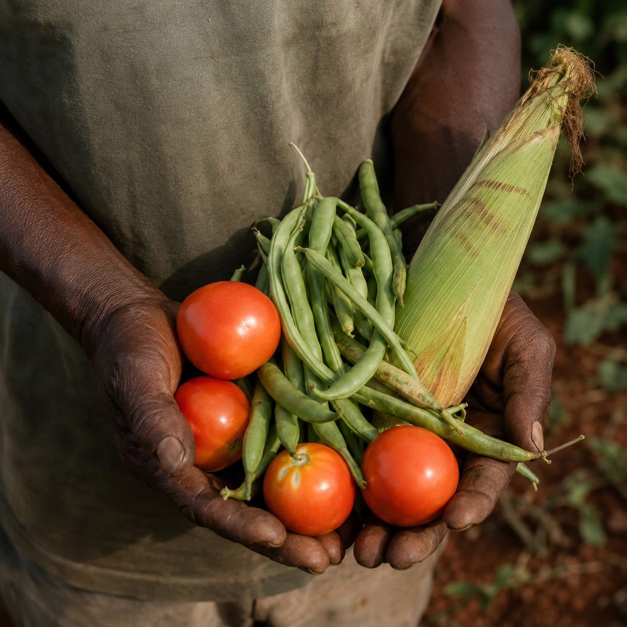 Weathered hands cupping tomatoes, green beans and corn harvested near Lake Victoria, Kenya
